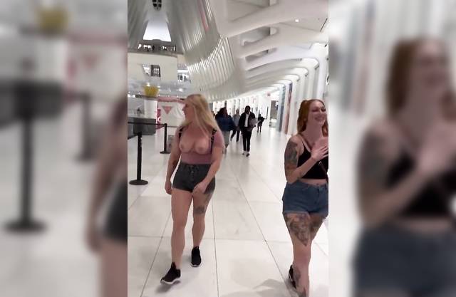 Adventurous Lesbian Duo Sisters Wandering Mall Aisles, Teasingly Flashing Firm Tits to Strangers