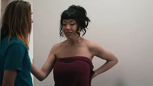 Mother comes out of the bathroom wearing only a towel