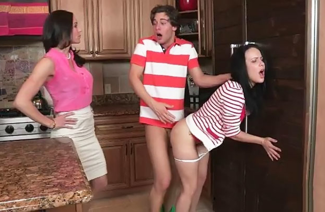 Boy fucks girlfriend in the kitchen and mom can't resist sucking cock