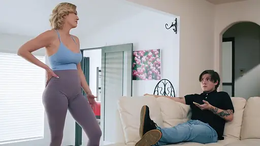Mother shows off her new yoga pants to her son