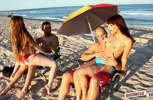 Fun on beach makes lovely chicks in mood for incest foursome with dads