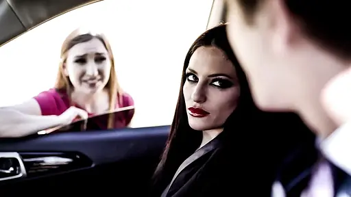 Angry wife watches hungrily as her husband fucks a terrified hitchhiker before joining in herself