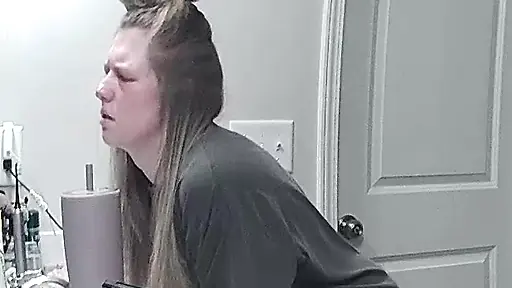 Unsatisfied mom trapped in bathroom frantically rubbing her cunt like a cornered fucking rat